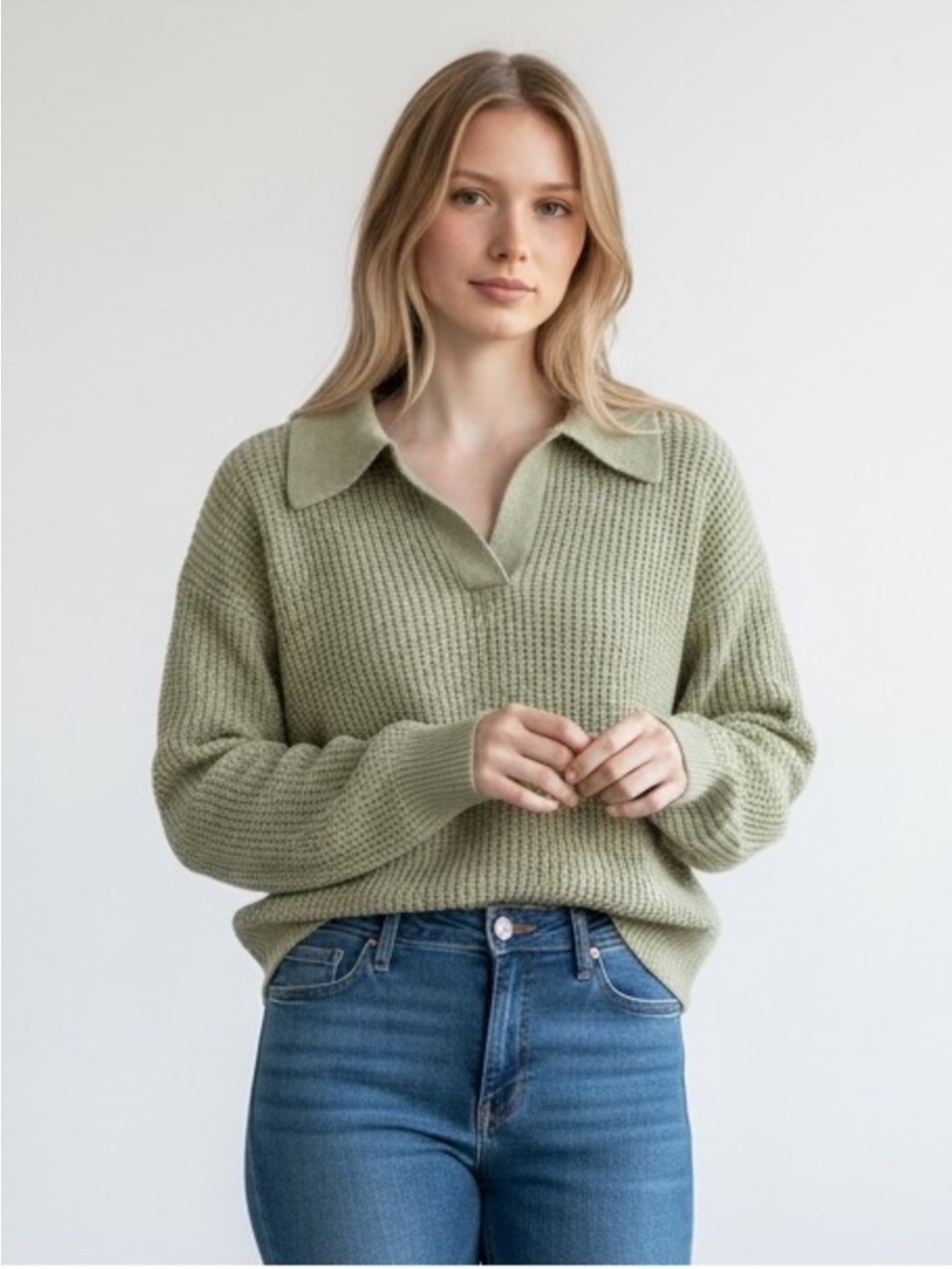 Quince Baby Alpaca Sage Green Wool Waffle Stitch Women’s Polo Sweater Sz S